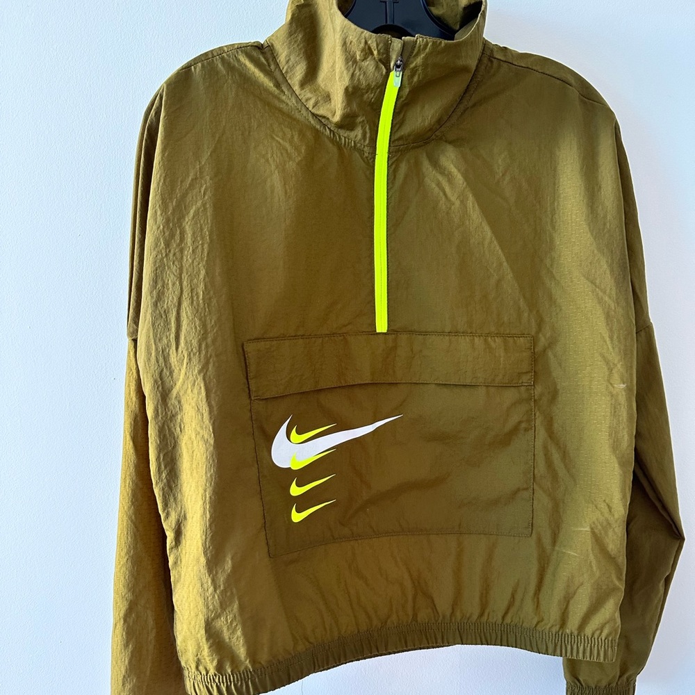 Nike mesh half-zip hooded jacket in green olive with yellow logo & front pocket